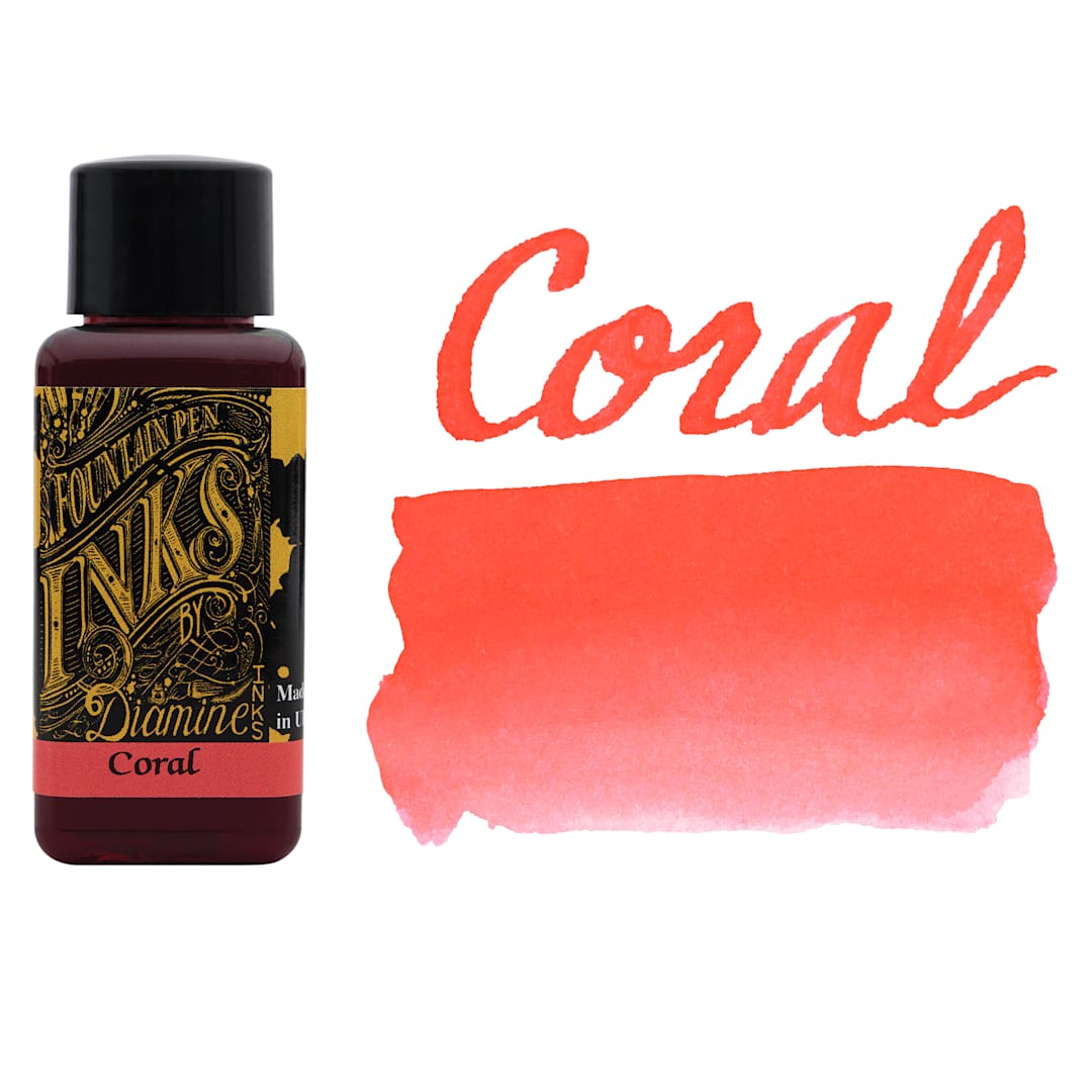 Open in modal - Diamine Fountain Pen Ink - Coral, 30 ml bottle with swatch