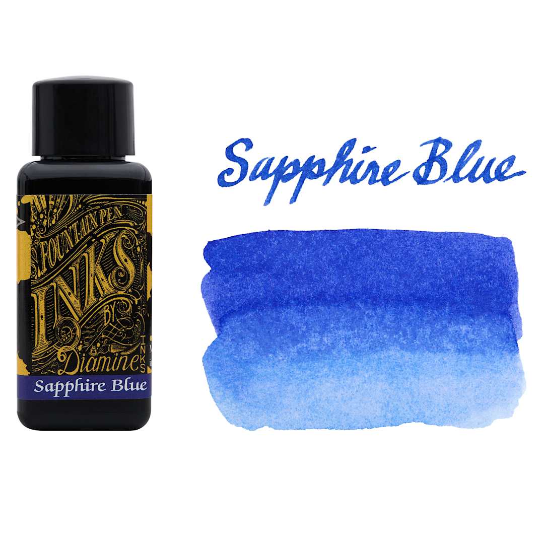 Open in modal - Diamine Fountain Pen Ink - Sapphire Blue, 30 ml bottle with swatch