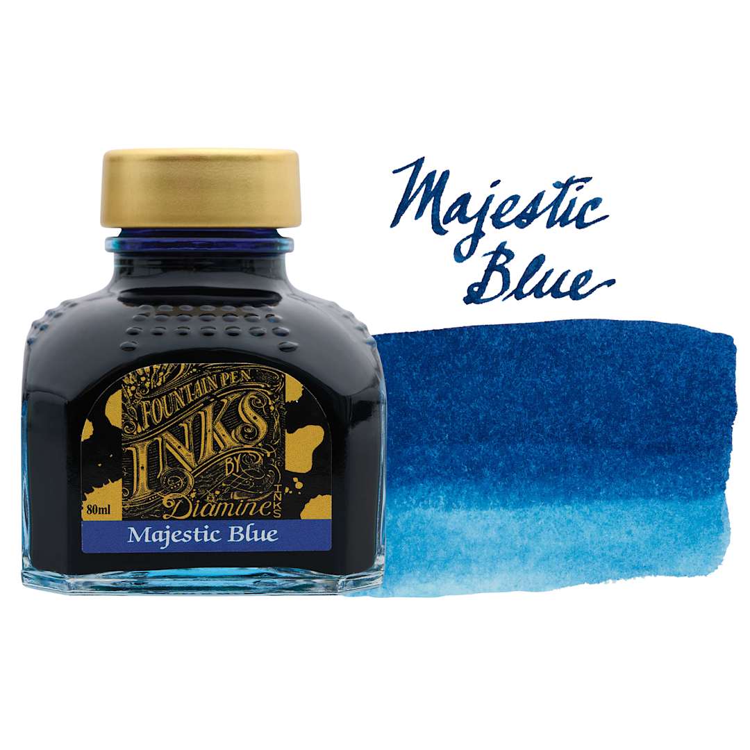 Open in modal - Diamine Fountain Pen Ink - Majestic Blue, 80 ml bottle with swatch