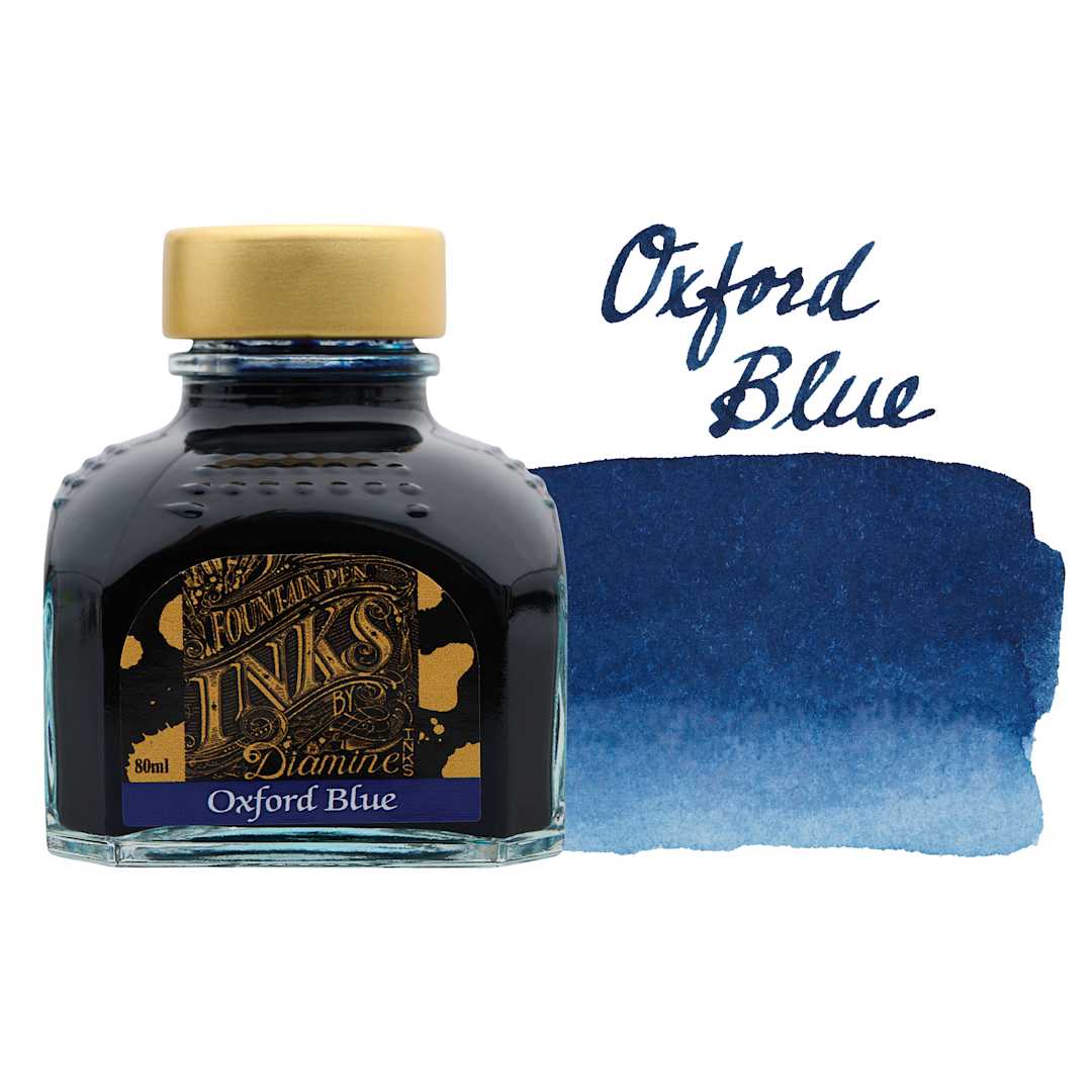 Open in modal - Diamine Fountain Pen Ink - Oxford Blue, 80 ml bottle with swatch