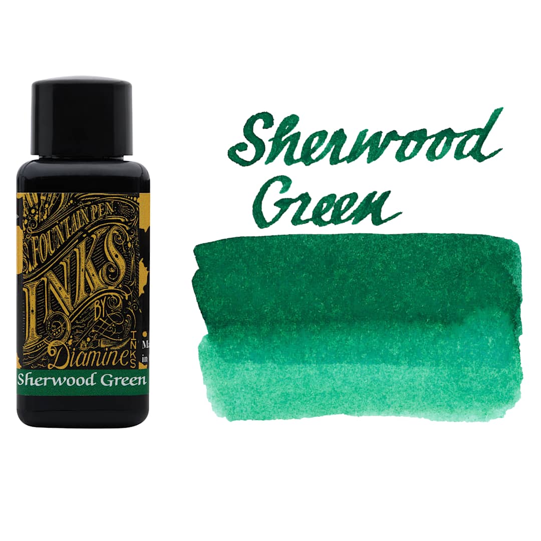 Open in modal - Diamine Fountain Pen Ink - Sherwood Green, 30 ml bottle with swatch