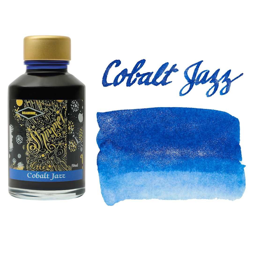 Open in modal - Diamine Shimmer Fountain Pen Ink - Cobalt Jazz, 50 ml bottle and swatch
