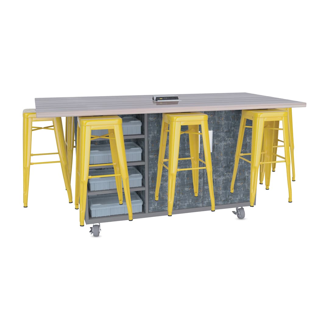 Open in modal - CEF Ed8 Work Table with Stools, 42"H table with yellow stools and Paint Scrape Steel finish.