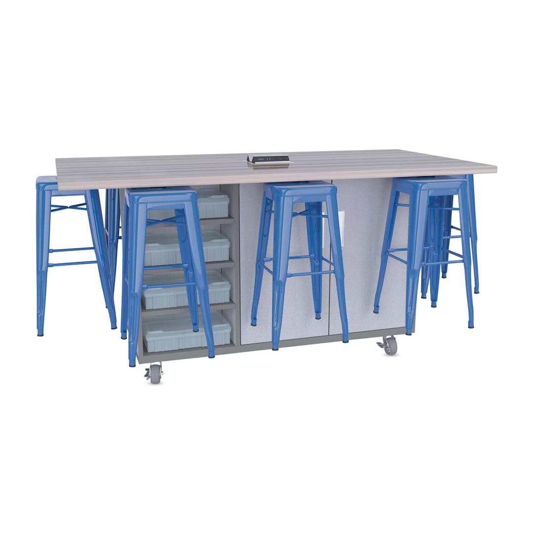 Open in modal - CEF Ed8 Work Table with Stools, 36"H table with royal blue stools and Folkstone Hex finish.