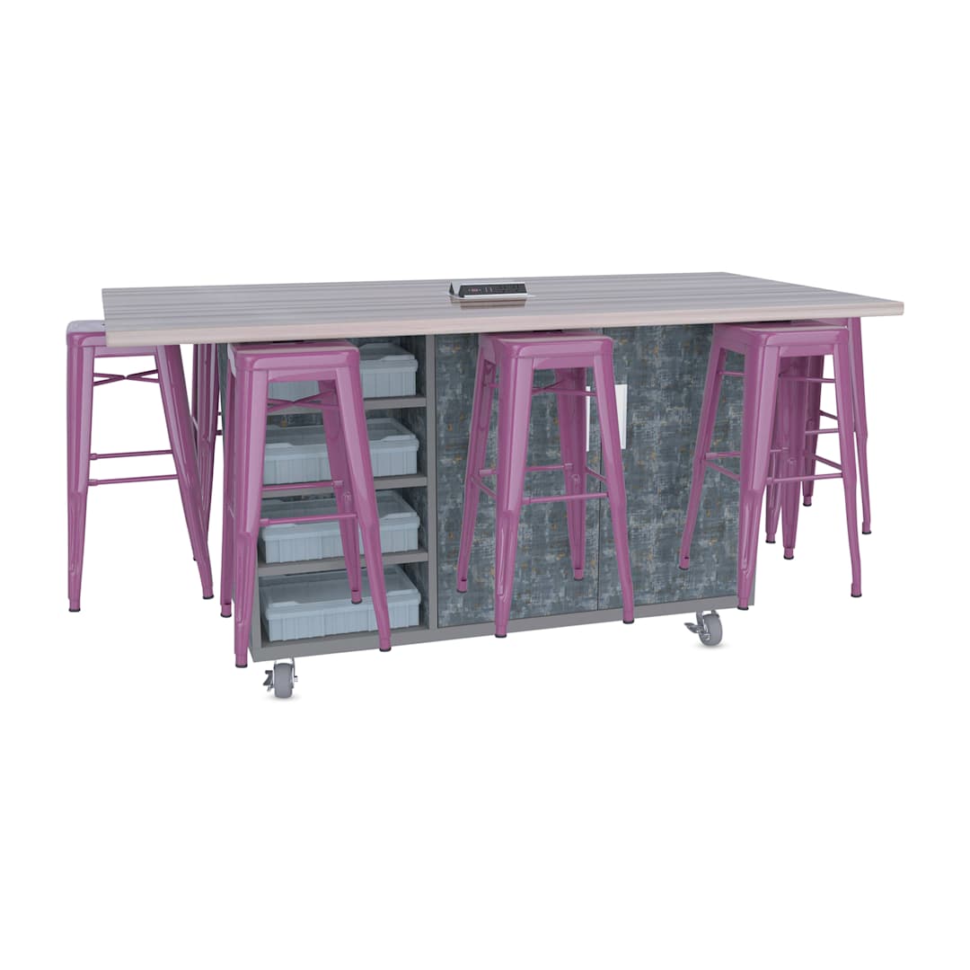 Open in modal - CEF Ed8 Work Table with Stools, 36"H table with purple stools and Paint Scrape Steel finish.