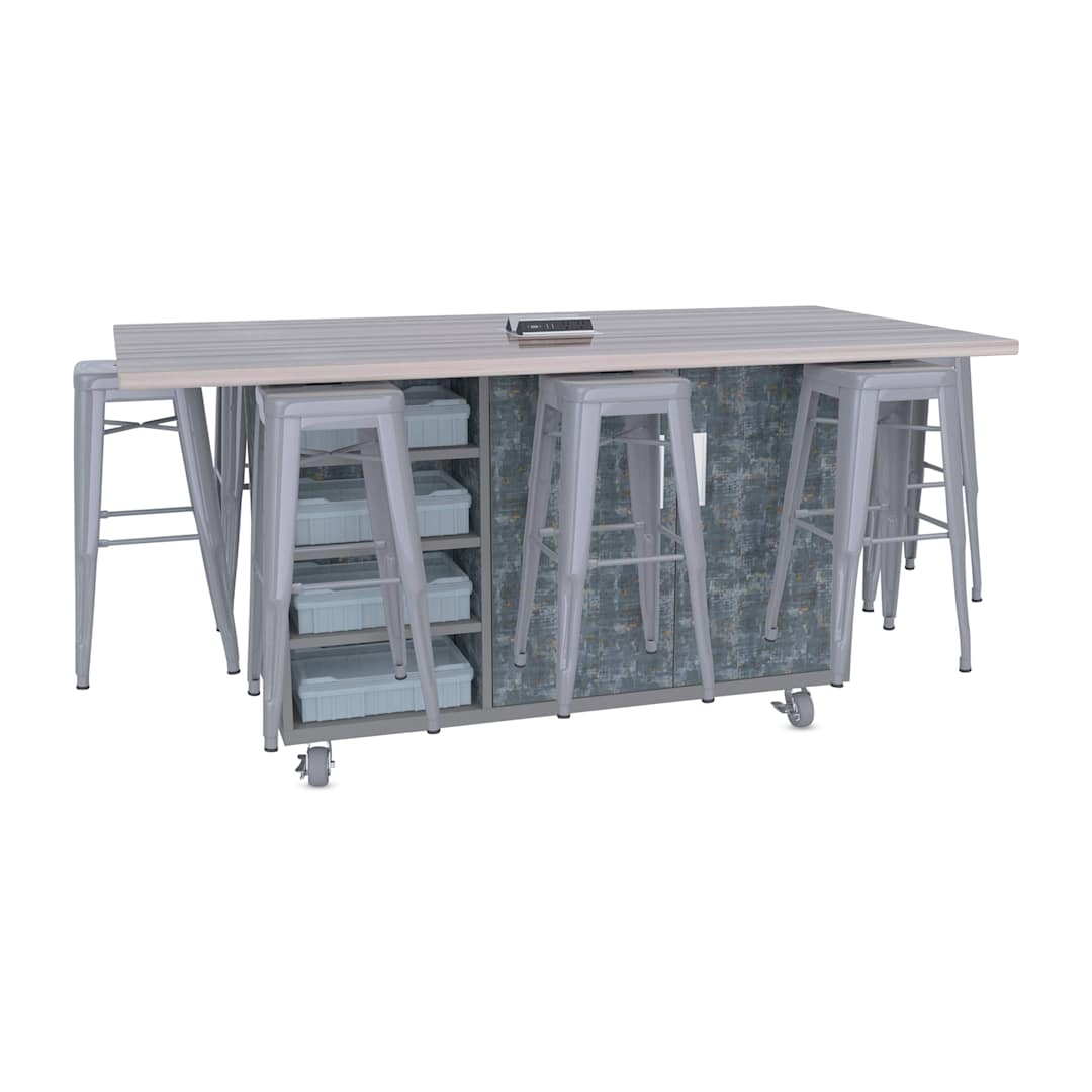 Open in modal - CEF Ed8 Work Table with Stools, 36"H table with silver stools and Paint Scrape Steel finish.