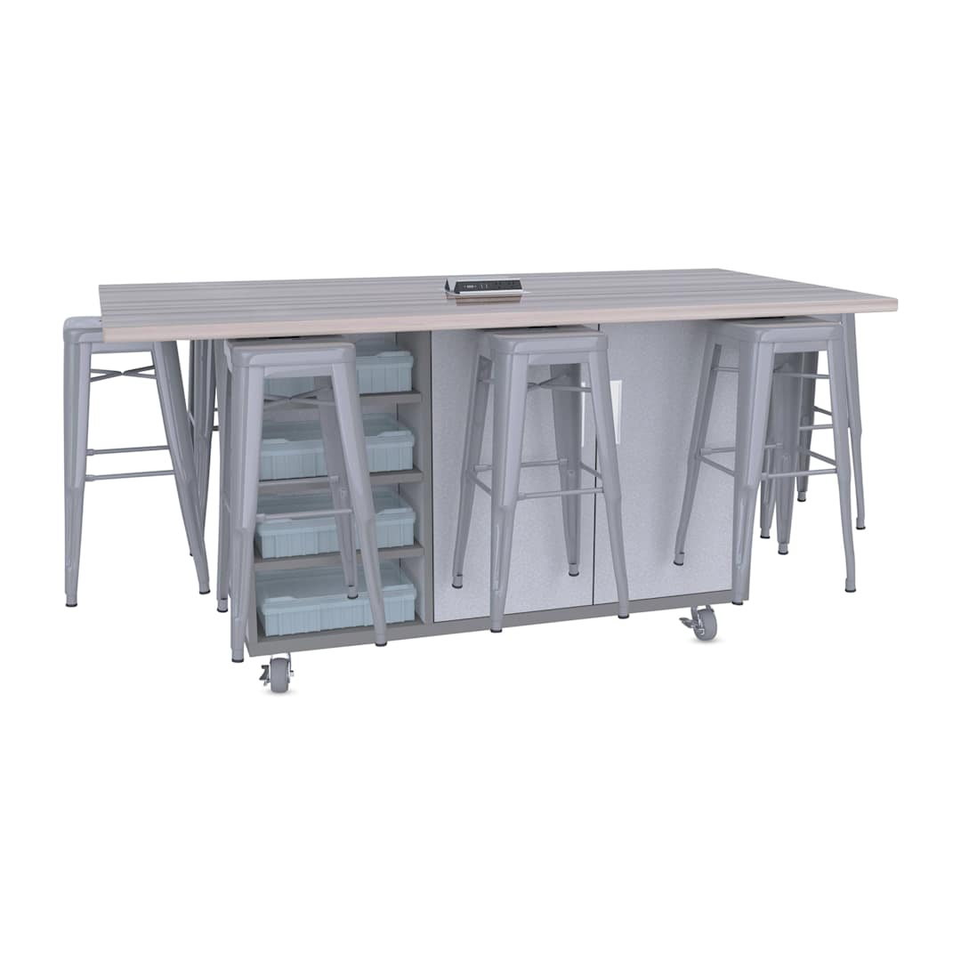 Open in modal - CEF Ed8 Work Table with Stools, 42"H table with silver stools and Folkstone Hex finish.