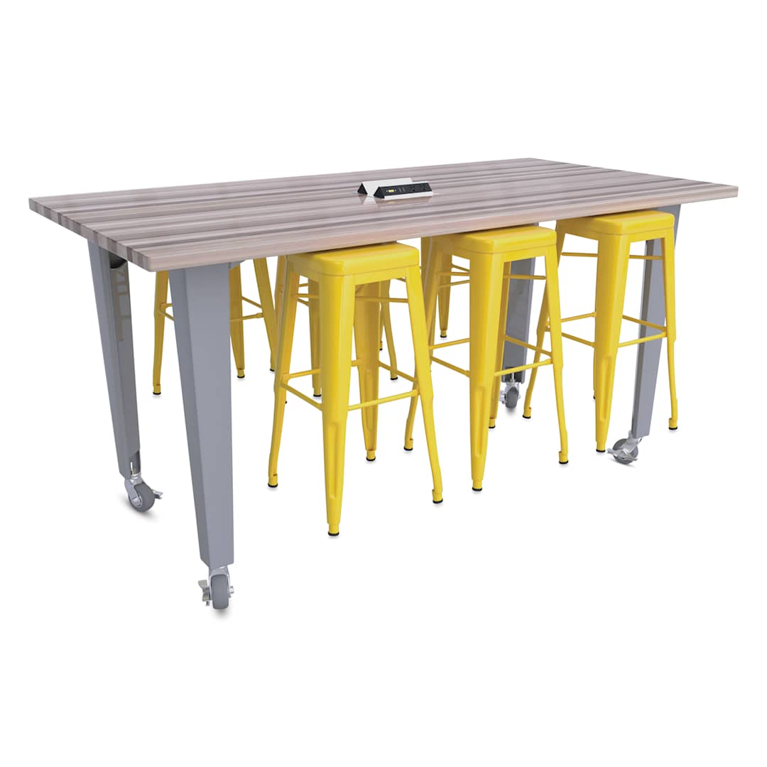 Open in modal - CEF Idea Island Work Table, 42" high with 6 yellow stools.