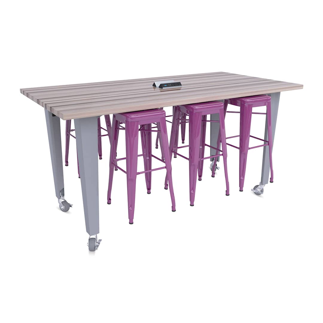 Open in modal - CEF Idea Island Work Table, 34" high with 6 purple stools. 