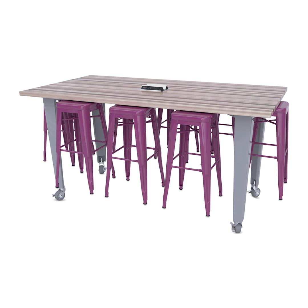 Open in modal - CEF Idea Island Work Table, 42" high with 8 purple stools. 