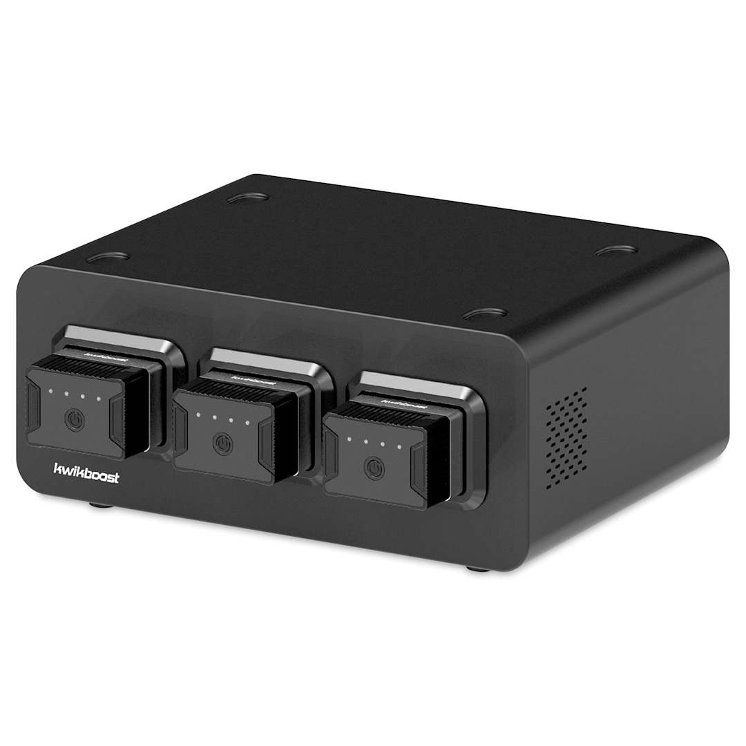 Open in modal - KwikBoost EdgePower Desktop Charging Station System - Light Use Set, 3-bay charging dock and batteries.