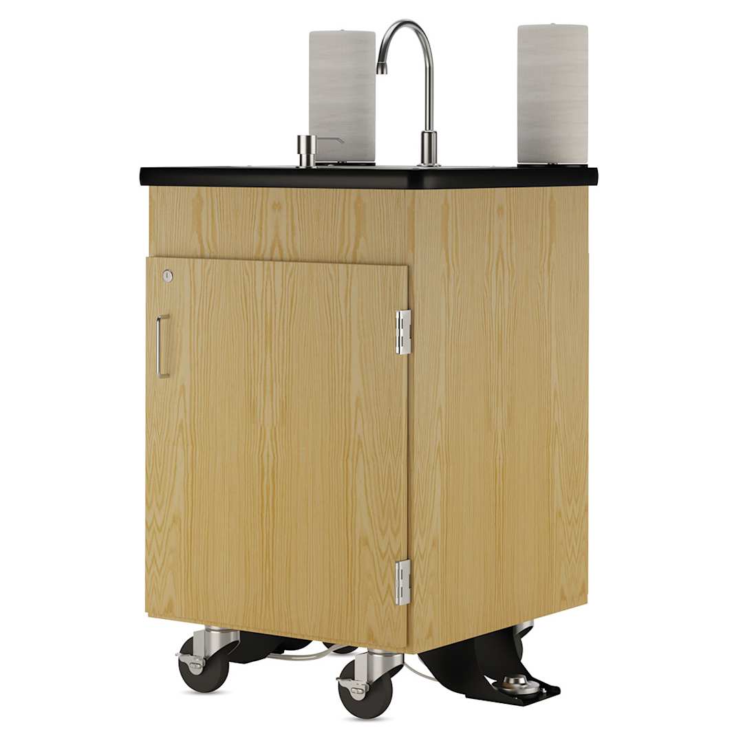 Open in modal - Diversified Spaces Mobile Hand Wash Station - Dual Foot Pump, Oak, 24"W x 24"D x 36"H (Front, Angled view)