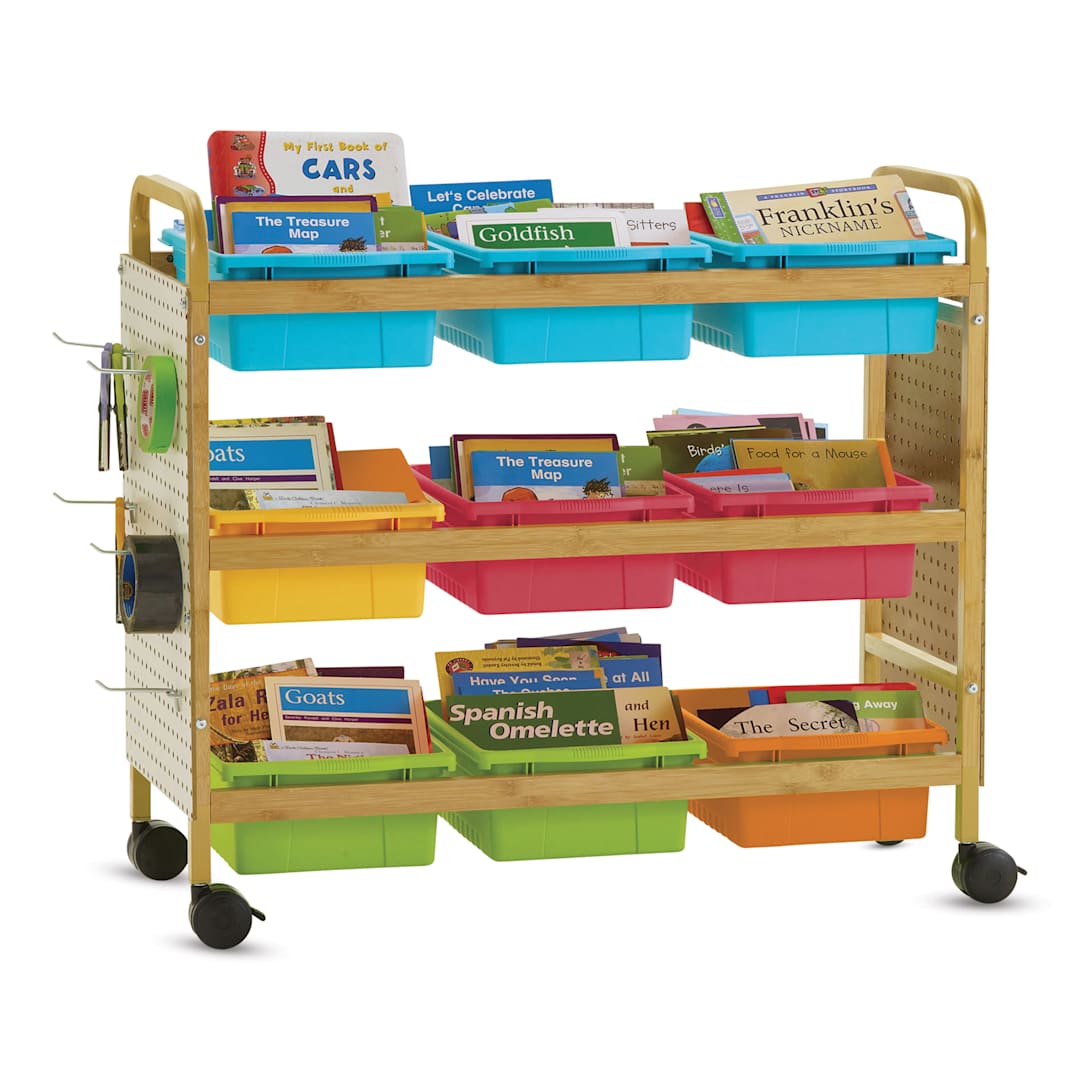 Open in modal - Copernicus Bamboo Book Browser Cart - Vibrant, 9 Bins with 2 Pegboards