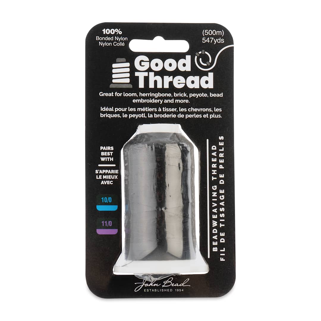 Open in modal - John Bead Good Nylon Beading Thread - 547 yd Spool, Black (Front of packaging)