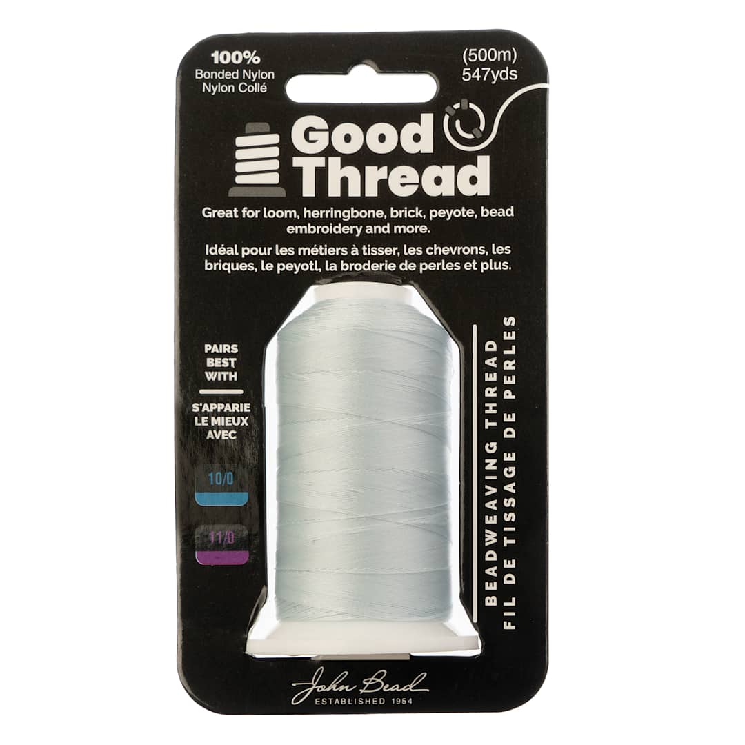 Open in modal - John Bead Good Nylon Beading Thread - Light Grey, 547 yd Spool front of packaging