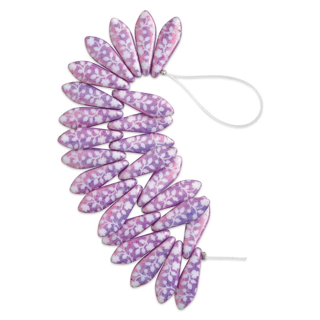 Open in modal - John Bead Czech Glass Laser Etched Dagger Bead Strand - Lilac/White, Flower Pattern