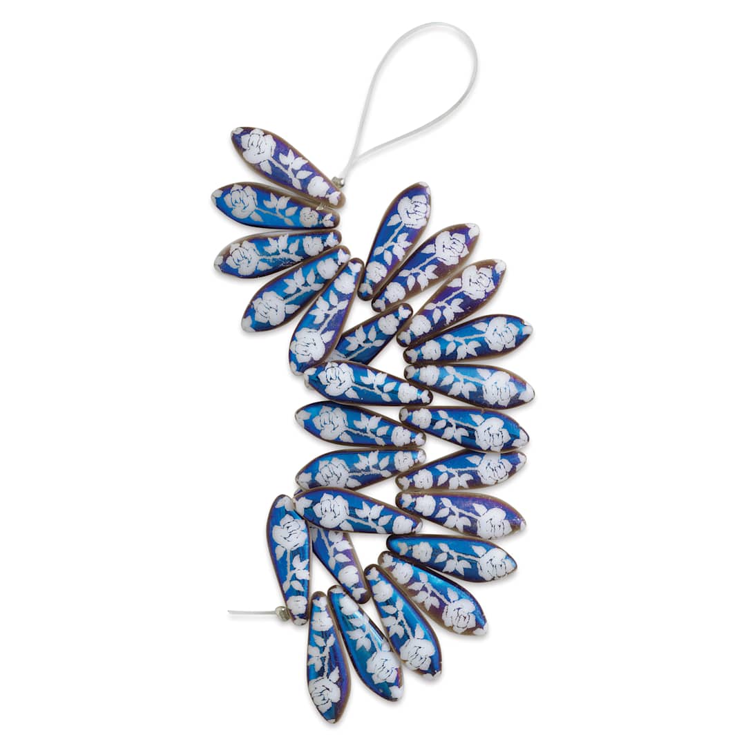Open in modal - John Bead Czech Glass Laser Etched Dagger Bead Strand - Jet AB/White, Roses Pattern