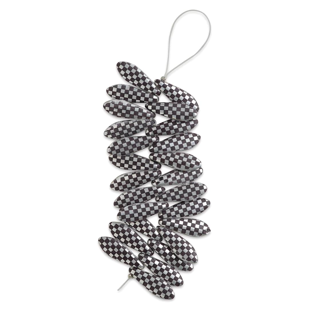 Open in modal - John Bead Czech Glass Laser Etched Dagger Bead Strand - Silver/Black, Checker Pattern
