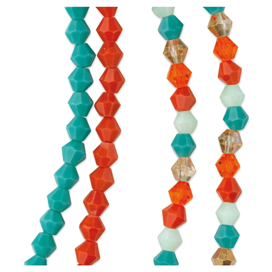 Open in modal - John Bead DIY Designer Glass Bead Strand - Glass Bicone, Teal and Orange, 4 mm close-up
