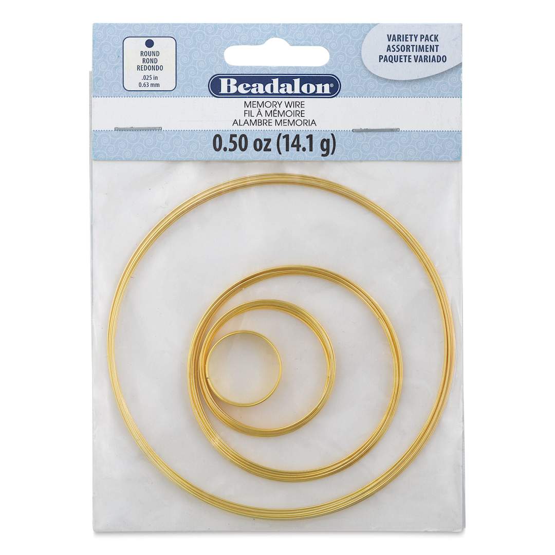 Open in modal - Beadalon Plated Memory Wire - Assorted Sizes, Gold, 1/2 oz front of packaging