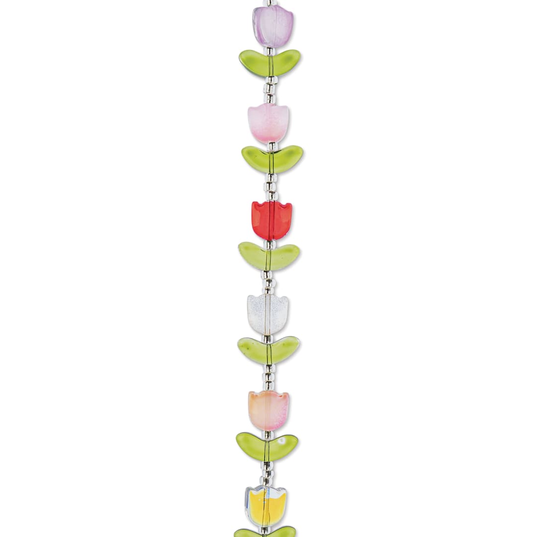 Open in modal - John Bead Crystal Lane DIY Glass Garden Bead Single Strand - Tulips with Leaves, Assorted Colors