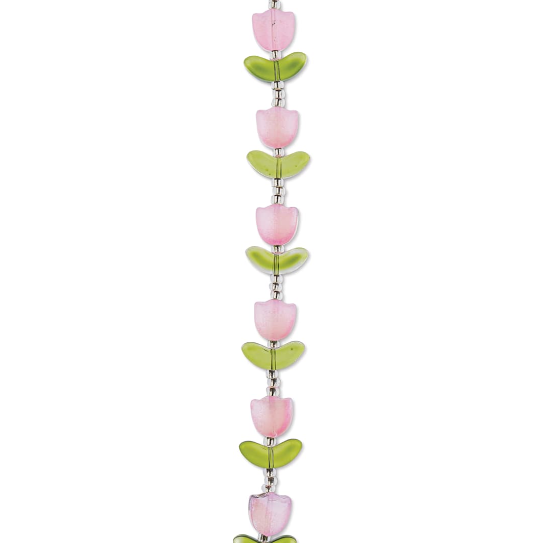 Open in modal - John Bead Crystal Lane DIY Glass Garden Bead Single Strand - Tulips with Leaves, Pink