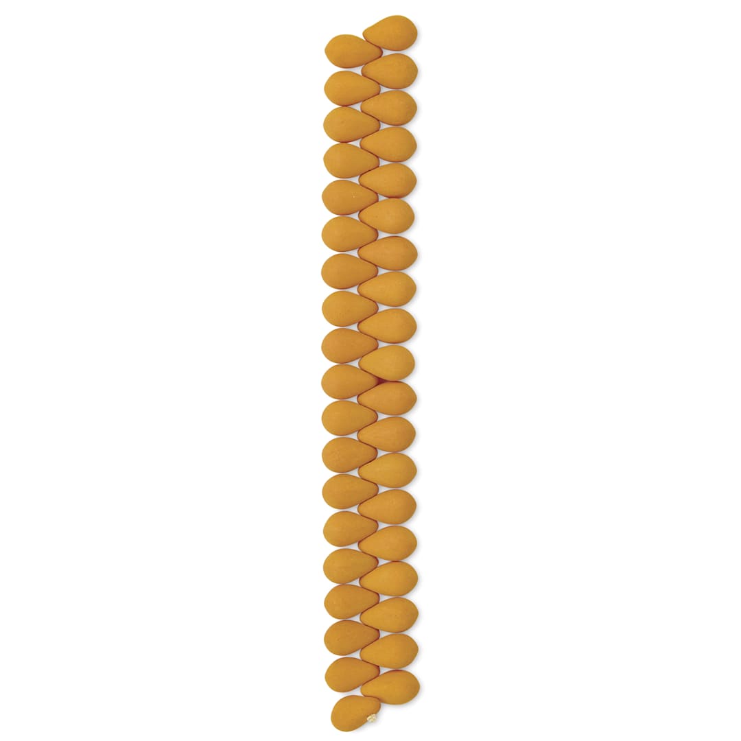 Open in modal - John Bead Czech Glass Preciosa Velvet Bead Strand - Drops, Mustard Yellow, 6 mm x 9 mm