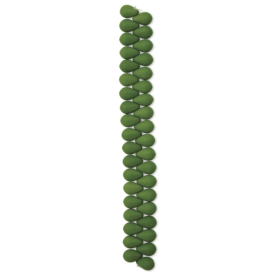 Open in modal - John Bead Czech Glass Preciosa Velvet Bead Strand - Drops, Green, 6 mm x 9 mm