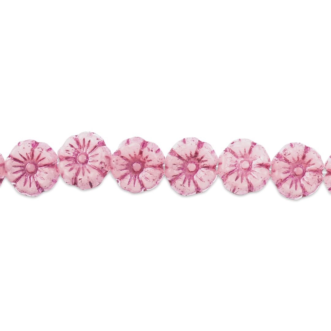 Open in modal - John Bead Czech Pressed Glass Flower Bead Strand - Pink on White, 9 mm