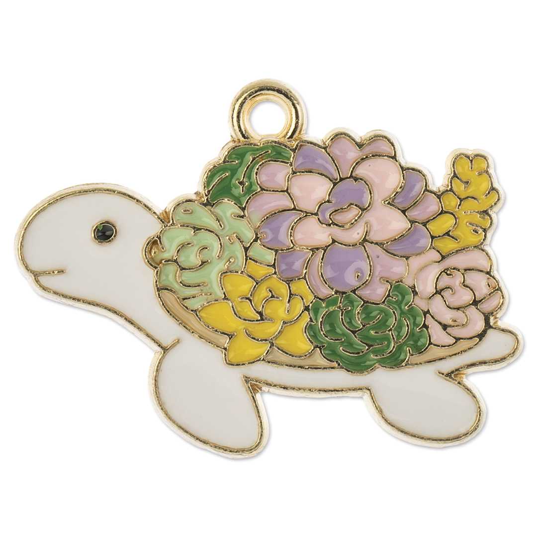 Open in modal - John Bead Sweet & Petite Enamel Charm - Turtle, White with Multicolor Flower Shell showing single charm