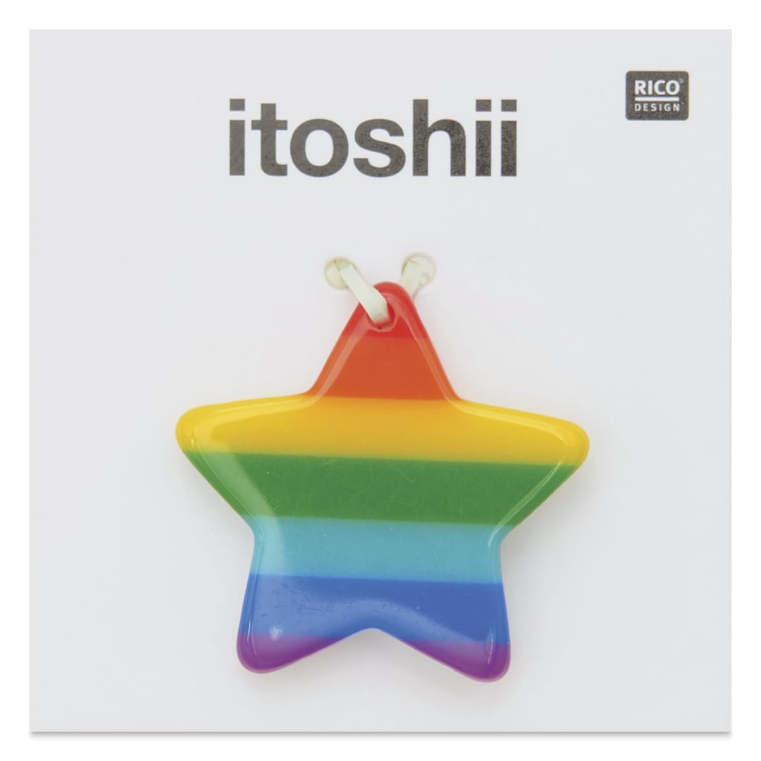 Open in modal - Rico Design Itoshii Plastic Disc Bead - Rainbow Star, 26 mm W x 25 mm L x 3 mm H - front of packaging