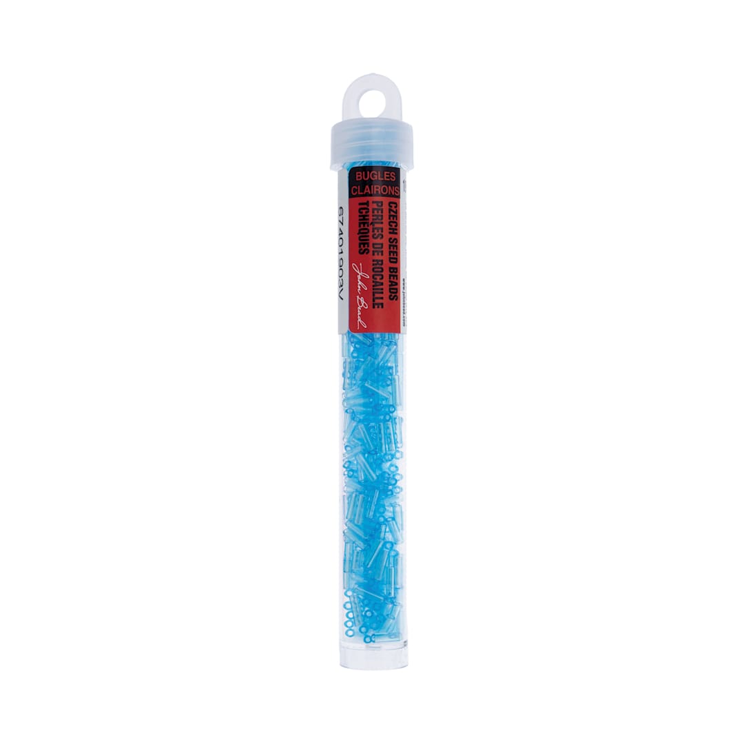 Open in modal - John Bead Czech Glass #3 Bugle Beads - Transparent Aqua Luster, 6.5 mm, 19 g Tube