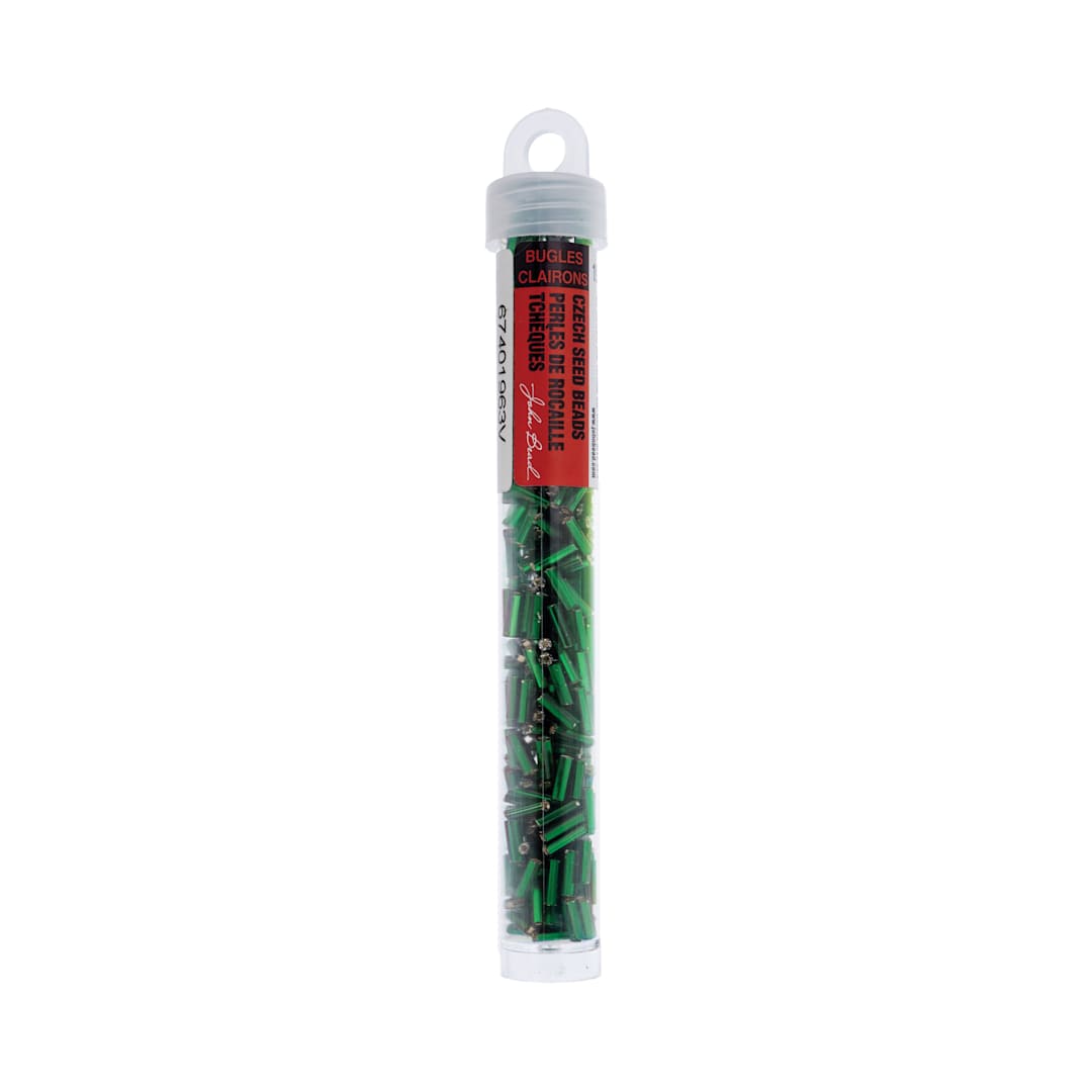 Open in modal - John Bead Czech Glass #3 Bugle Beads - Silver-Lined Green, 6.5 mm, 19 g Tube