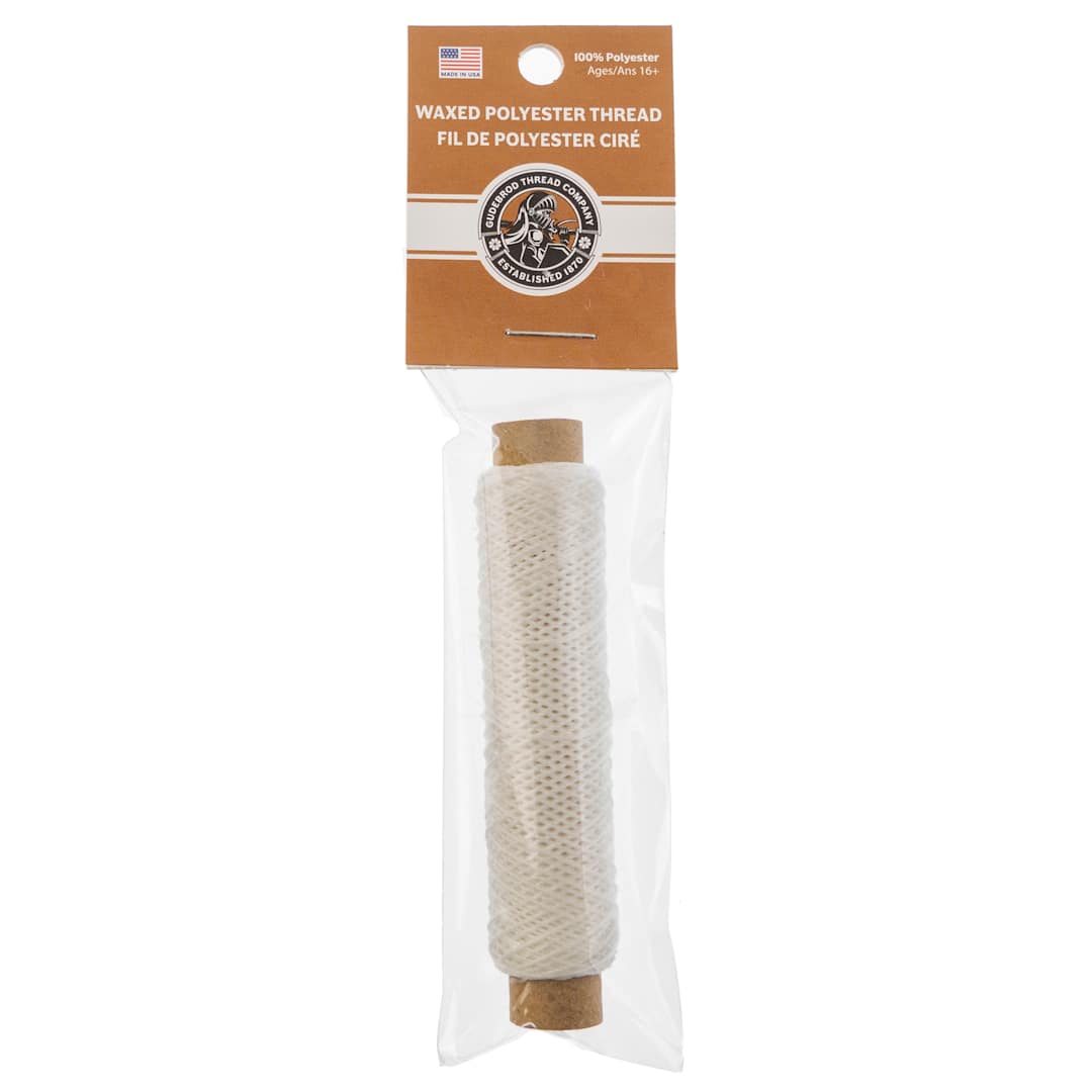Open in modal - Gudebrod Waxed Polyester Thread - White, 25 yd Spool front of packaging