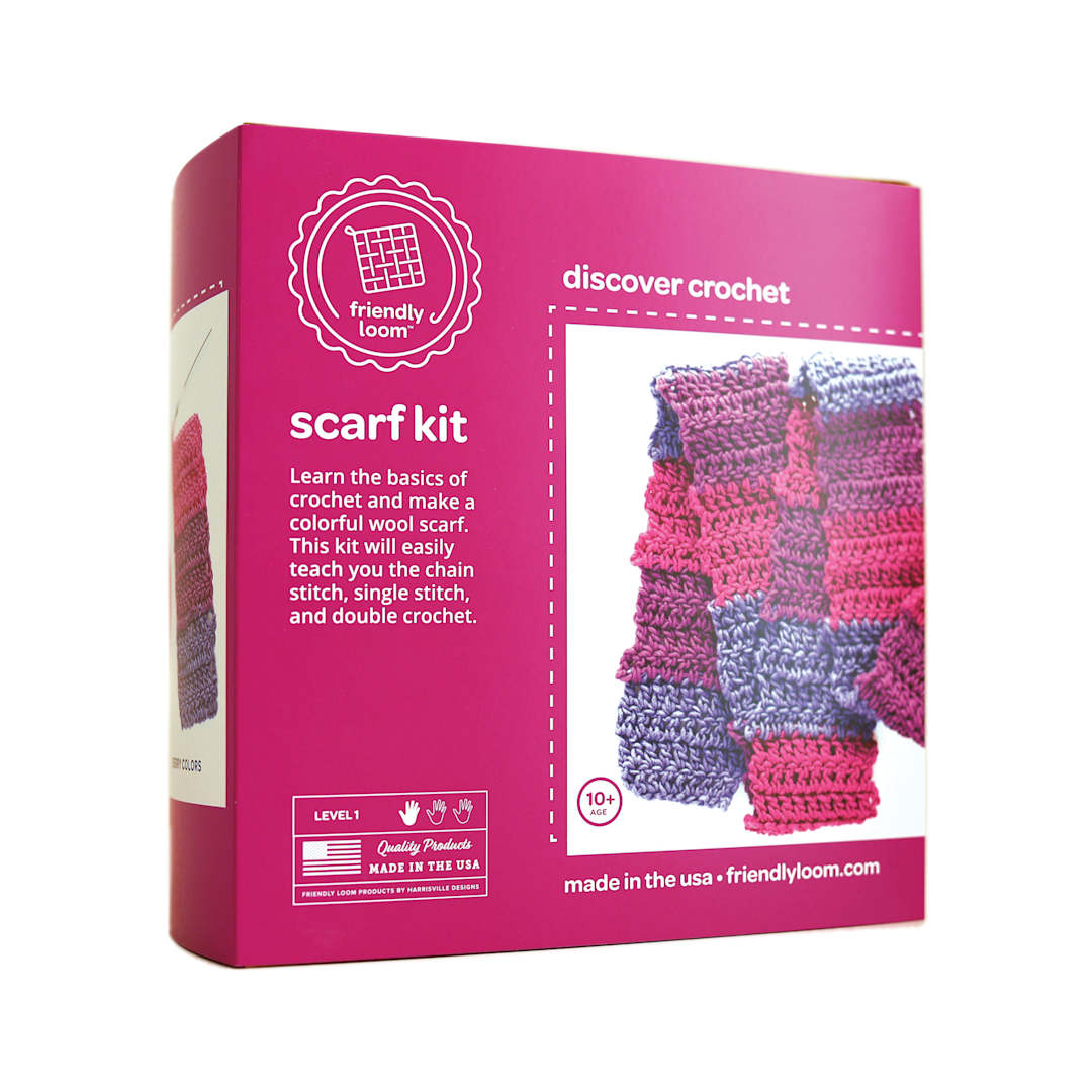 Open in modal - Friendly Loom Discover Crochet Scarf Kit - Berry front of packaging
