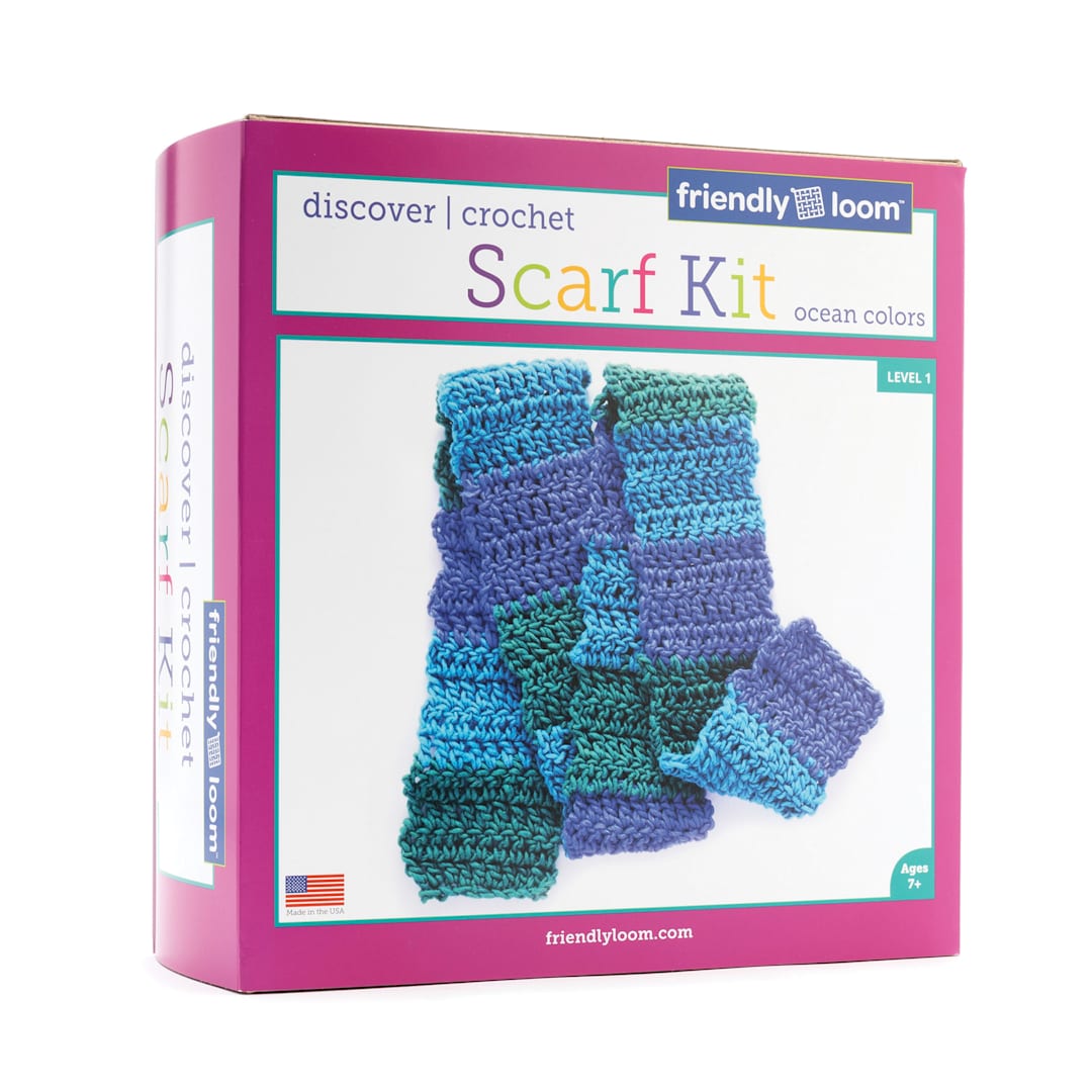 Open in modal - Friendly Loom Discover Crochet Scarf Kit - Ocean front of packaging
