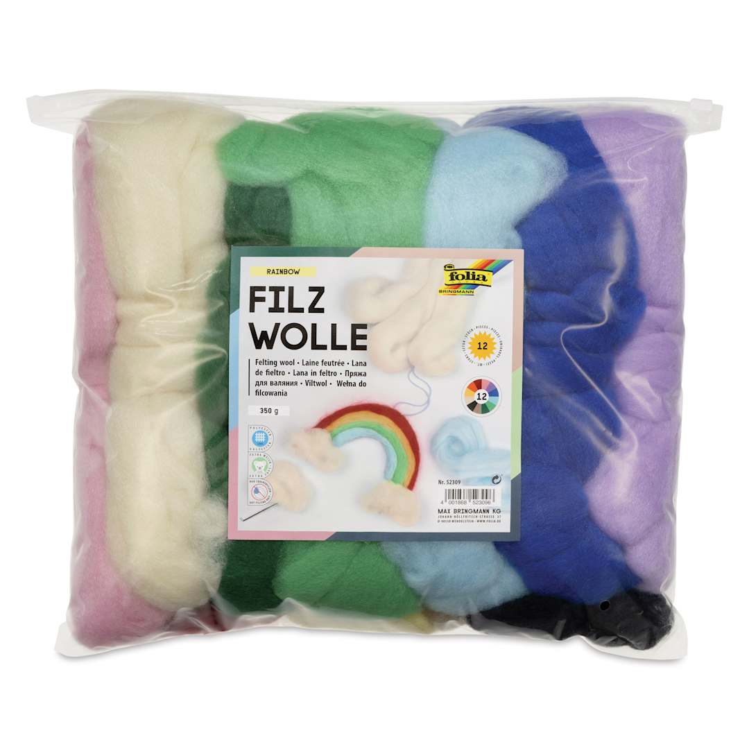 Open in modal - Folia Rainbow Felting Wool - Set of 12 Colors, 350 g front of packaging