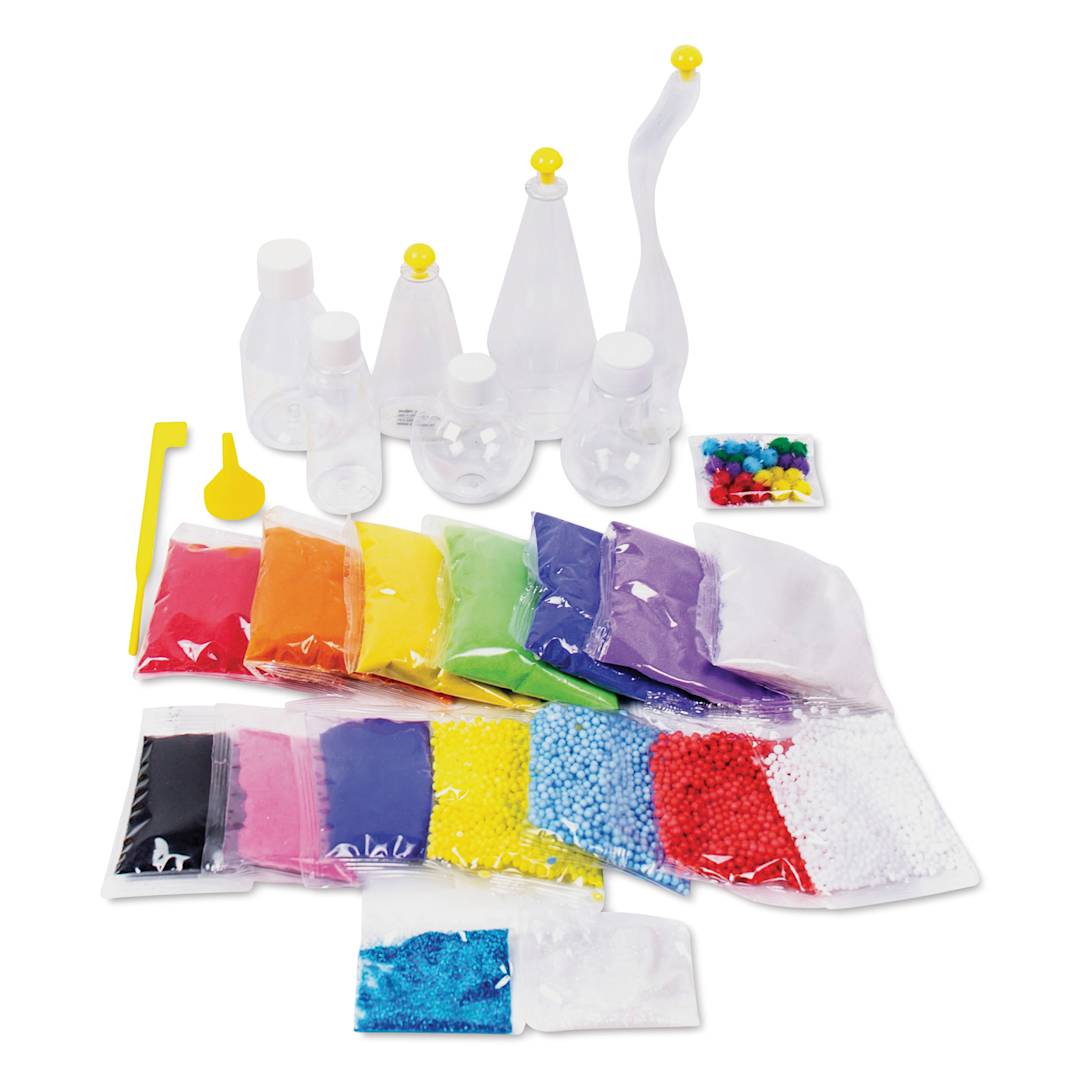 Open in modal - Making in the Moment Make Your Own Rainbow Sand Art Kit, contents outside of the packaging. 