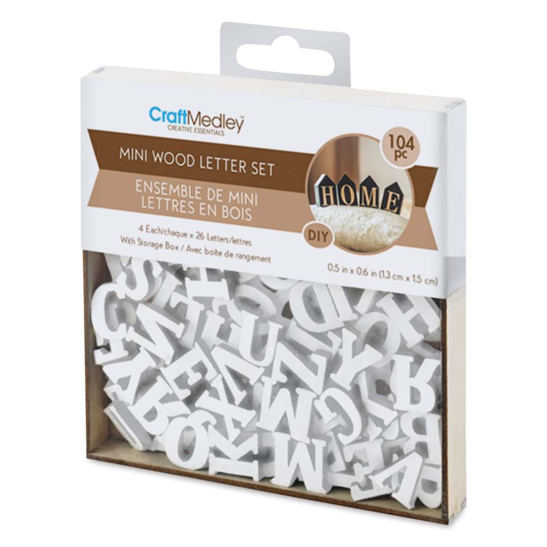 Open in modal - Craft Medley Mini Wood Letter Set - White, Pkg of 104 (front of packaging)