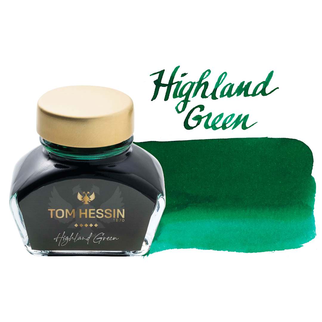 Open in modal - Tom Hessin Fountain Pen Ink - Highland Green, 30 ml bottle and swatch