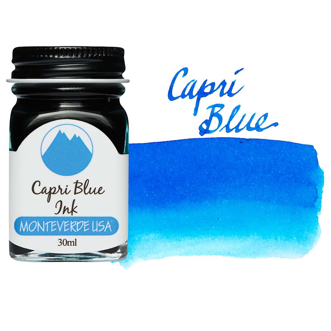 Open in modal - Monteverde Core Fountain Pen Ink - Capri Blue, 30 ml bottle and swatch