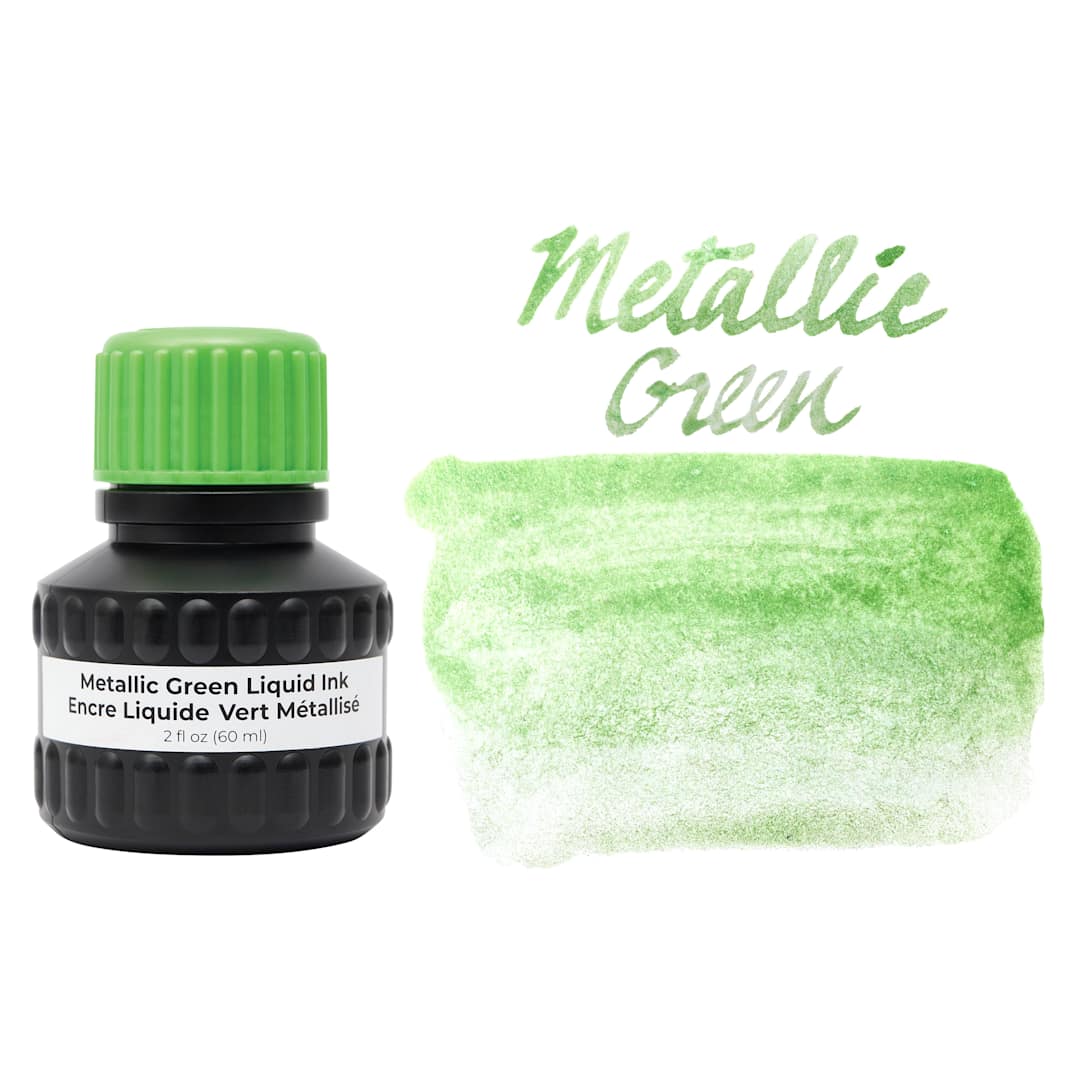Open in modal - Yasutomo Liquid Metallic Sumi Ink - Green, 2 oz bottle and swatch
