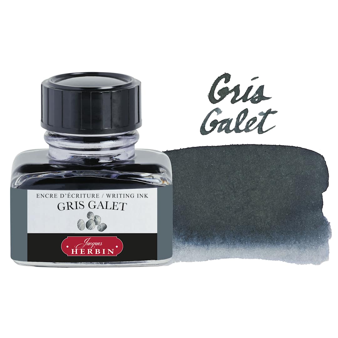 Open in modal - Herbin La Perle des Encres The Jewel of Inks Fountain Pen Ink - Gris Galet (Pebble Grey), 30 ml bottle with swatch