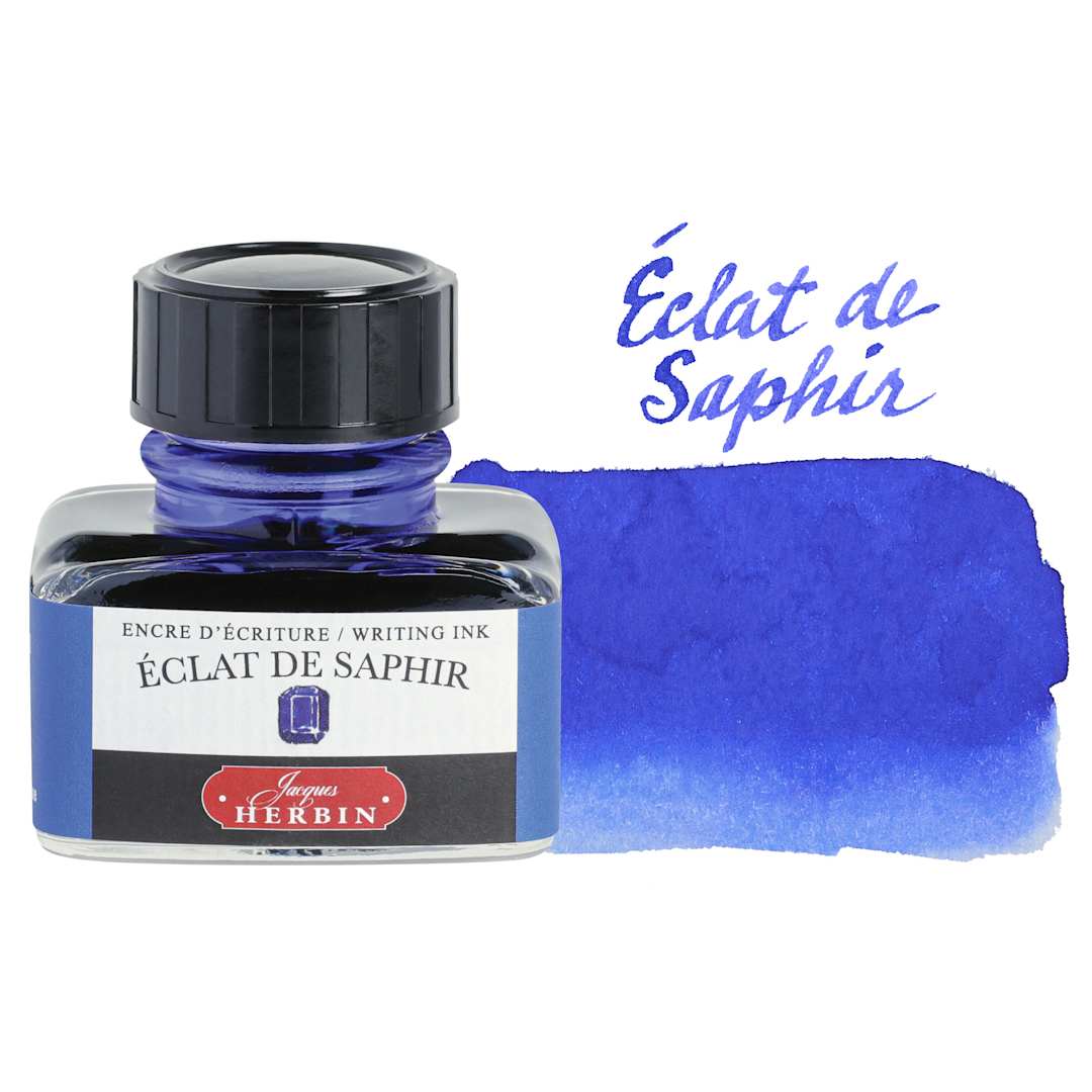 Open in modal - Herbin La Perle des Encres The Jewel of Inks Fountain Pen Ink - Éclat de Saphir (Sapphire Sparkle), 30 ml bottle with swatch