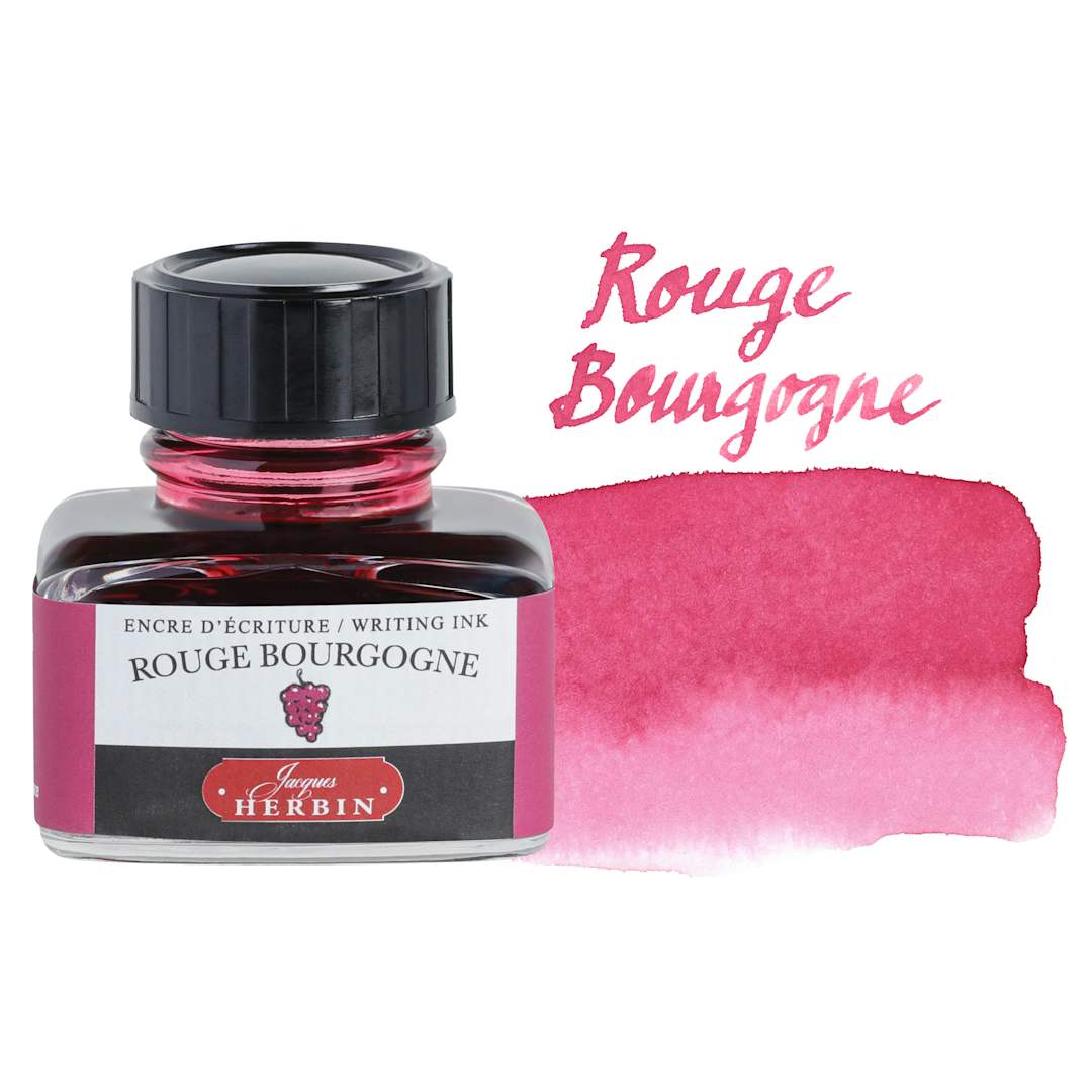 Open in modal - Herbin La Perle des Encres The Jewel of Inks Fountain Pen Ink - Rouge Bourgogne (Burgundy Red), 30 ml bottle with swatch