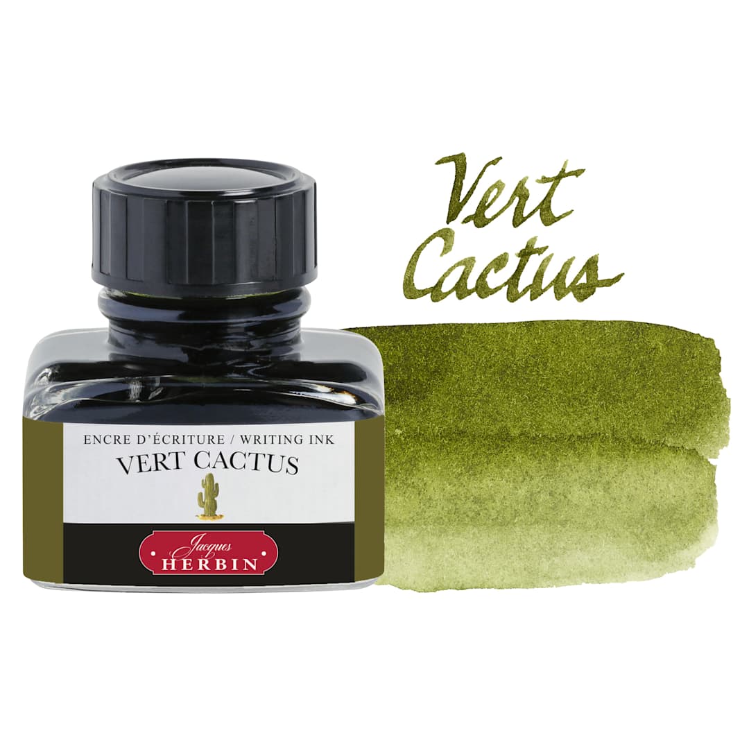 Open in modal - Herbin La Perle des Encres The Jewel of Inks Fountain Pen Ink - Vert Cactus (Cactus Green), 30 ml bottle with swatch