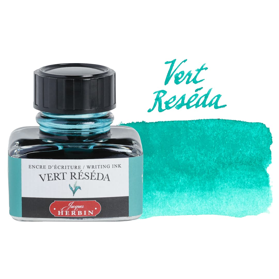Open in modal - Herbin La Perle des Encres The Jewel of Inks Fountain Pen Ink - Vert Réséda (Reseda Green), 30 ml bottle with swatch