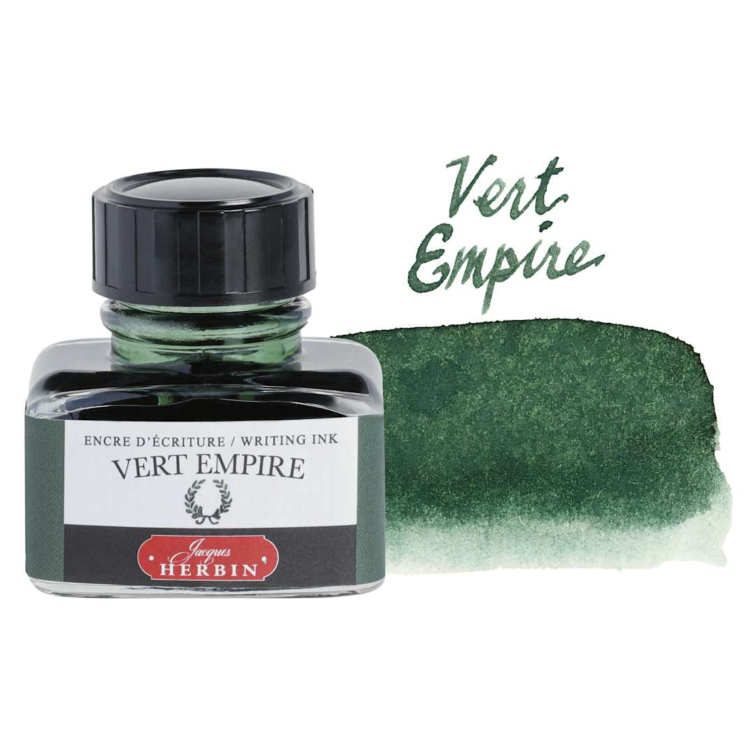 Open in modal - Herbin La Perle des Encres The Jewel of Inks Fountain Pen Ink - Vert Empire (Empire Green), 30 ml bottle with swatch