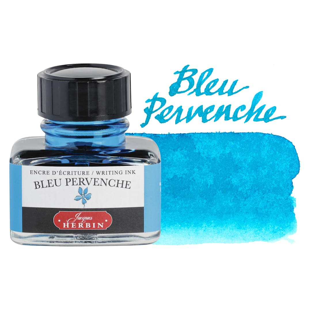 Open in modal - Herbin La Perle des Encres The Jewel of Inks Fountain Pen Ink - Bleu Pervenche (Periwinkle Blue), 30 ml bottle with swatch