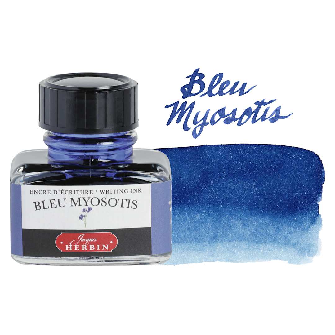 Open in modal - Herbin La Perle des Encres The Jewel of Inks Fountain Pen Ink - Bleu Myosotis (Forget-Me-Not Blue), 30 ml bottle with swatch